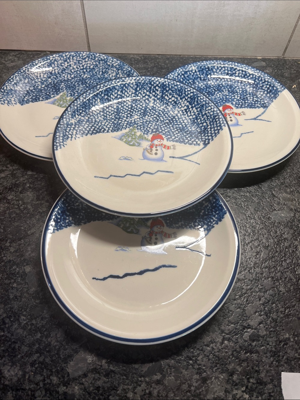 Thomson Pottery Winter Snowman Ceramic Salad plates. Blue and White (Set of 4)